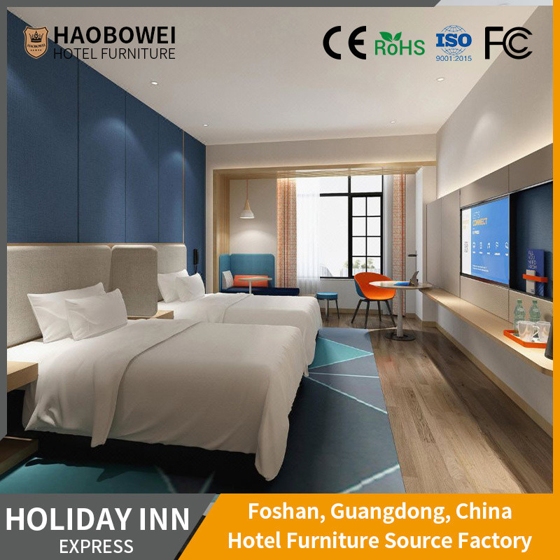 Indoor Terapan Kamar Tidur Ganda Kain Kayu Headboard untuk 3 Star Hotel Furniture Set